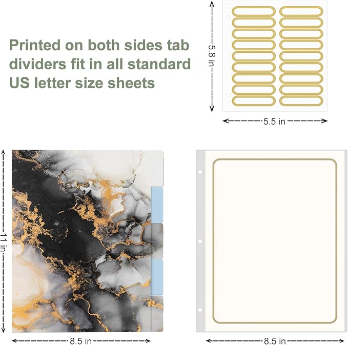Rouidr 3 Ring Binder, 2 Inch Round Ring Binder Organizer with Clipboard, 5 Dividers Tabs, A4 8.5 x 11 Inch Paper & Clear Sleeves for School, Office Supplies, Black Gold Marble