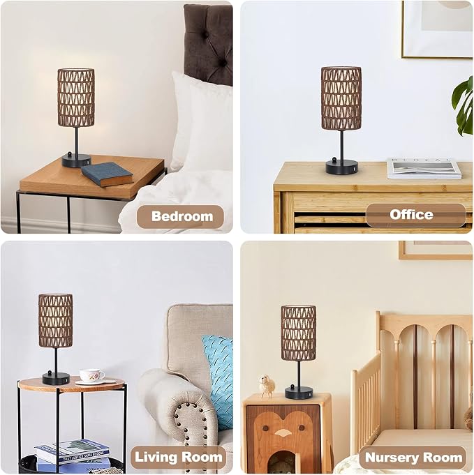 Bedside Lamps Set of 2, Touch Control Night Stand Lamp for Bedroom with Rattan & Linen Shade & Bulbs, 3 Way Dimmable Small Boho Table Lamps with USB Charging Port & Phone Stand (Coffee Color)
