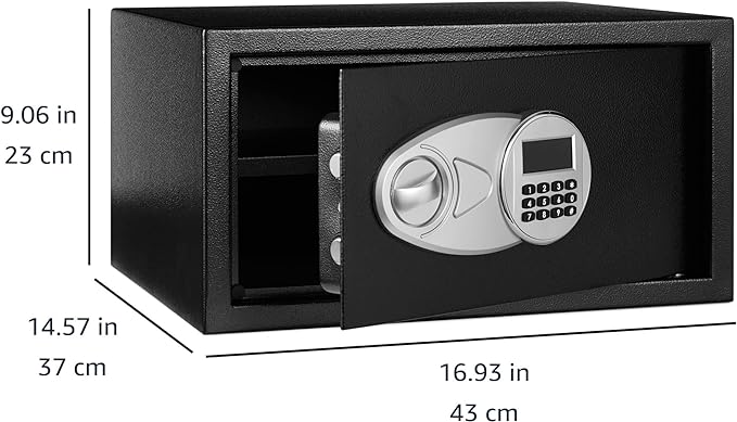Amazon Basics Steel Security Safe Box with Digital Keypad, for Valuables, Cash, Jewelry, Documents, Removable Shelf, Black, 1 Cubic Foot, 16.9"x14.6"x9.1" (WxDxH)