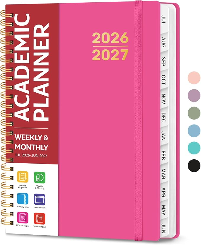 Taja Planner 2026-2027, Jul 2026-Jun 2027 Monthly & Weekly Calendar Book | 6.3" x 8.5", Hardcover Academic Calendar with Tabs, Teacher Student Agenda Book for School Office Supplies - Berry Pink