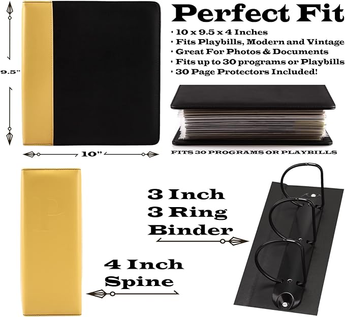 2Fold Binder for Holding Broadway Play Program and Theater Programs with 30 Custom Sheet Protectors - PU Leather - Fits Programs from Mid 1980s to Modern (Yellow/Black EmbossedP)