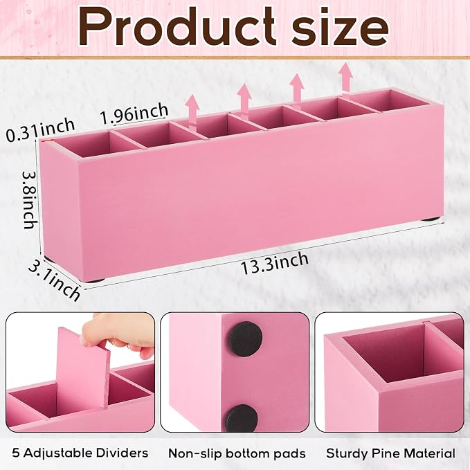 Jetec Wooden Pencil Pen Holder for Desk 6 Compartments Cosmetic Makeup Brush Stationery Office Desktop Organizers for Countertop Adjustable Silverware Caddy for Party, Art Supplies,Home(Pink)