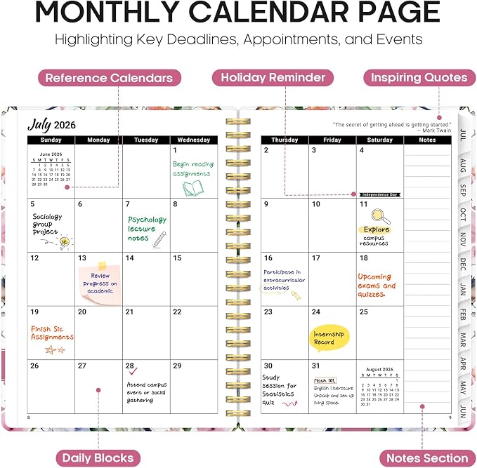 Taja Planner 2026-2027, Jul 2026-Jun 2027 Monthly & Weekly Calendar Planner | 6.3" x 8.5", Hardcover Academic Calendar, Teacher Student Agenda Book with Tabs, School Office Supplies, Songbird Bloom