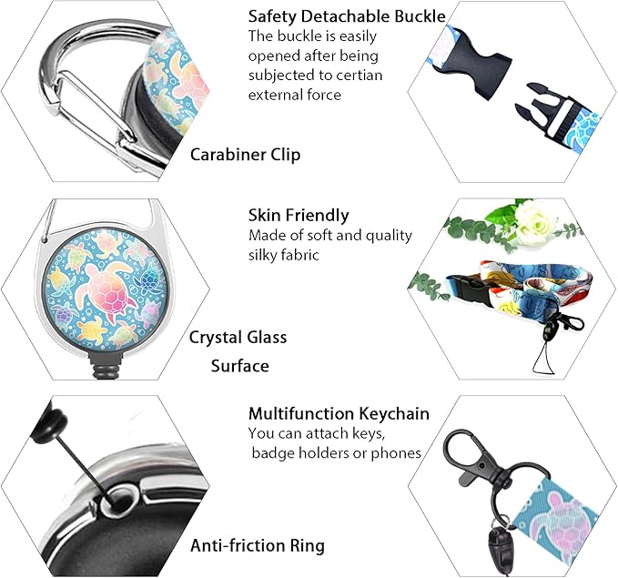 Cute Sea Turtle ID Badge Holder with Breakaway Lanyard, Lanyards for ID Badges Ajustable, Retractable Badge Reel Heavy Duty, Funny Teacher Nurse Work Office Gifts