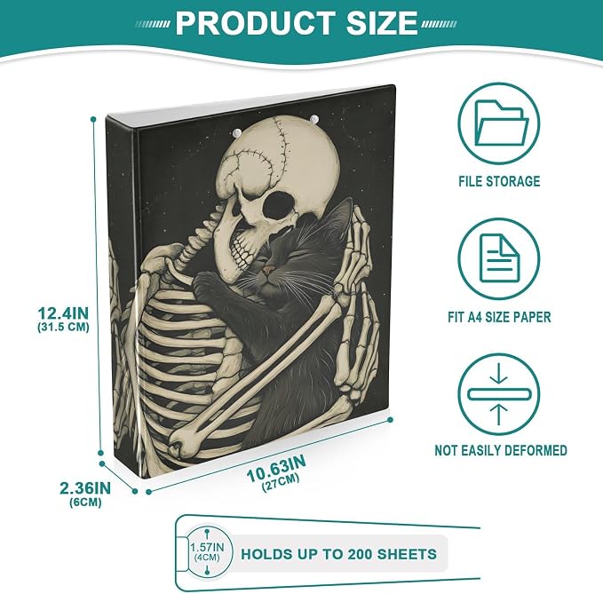 ALAZA 3 Ring Binder Skeleton Black Cat Kitten Clipboard Round Ring Binder Holds 1.5 Inch Three Binders Heavy Duty Binders for Office Supplies, 1Pack