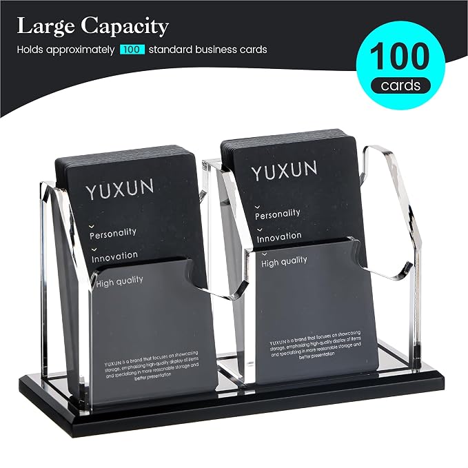 YUXUN Business Card Holder for Desk Vertical 1 Tier 2 Slot ,Black Acrylic Business Card Display Stand for Men & Women,Desktop Business Card Organizer for Office Home Exhibition, 100 Card Capacity