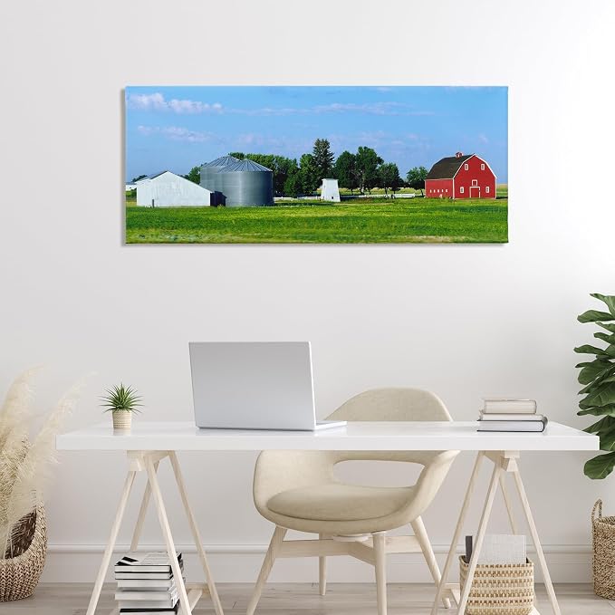 Barn with Silo Farmhouse Landscape, 17 x 40 Inch Canvas Wall Art | Stupell Industries · By Gail Peck · Ready to hang · Great for living room or family room · Made in USA