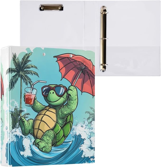 Funny Surfing Cool Turtle Binder 1.5 Inch Binder with Clipboard&Pockets, Hardcover Binders 3 Ring, Heavy Duty Large File Folder for Office School Supplies - Holds 200 Sheets