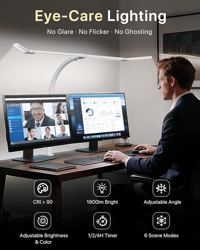 ONEMIX LED Desk Lamp with Clamp, 42-Inch 4-Panel Light for Dual Monitors | 1800 Lumens, 4 Adjustable Panels, 5 Color Temps, 5 Brightness Levels, Remote, Timer, Flicker-Free for Home Office
