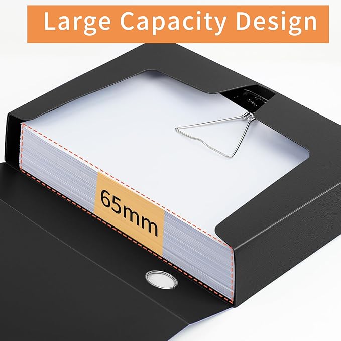 HUA JIE 2 Pack A4 Storage File Boxes Archives Case,65mm Spine,Box File Document Storage Box with Metal Clip for Office School -Black