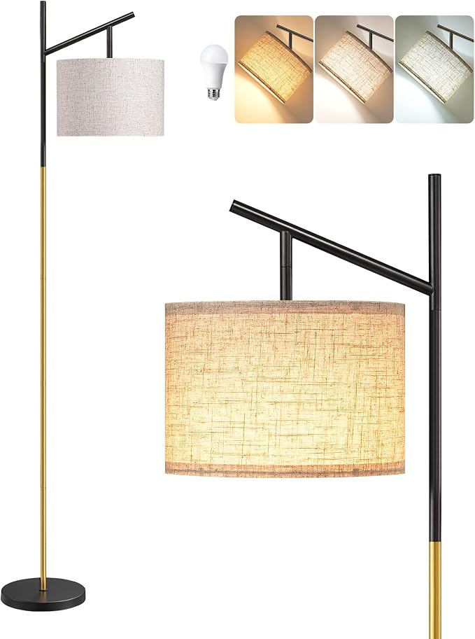 EDISHINE Black Gold Modern Floor Lamps for Living Room, Arc Standing Lamp | Bulb Included, 3 Color Temperatures, Flexible Lampshade, Foot Switch, Weighted Base, Tall Light for Office, Bedroom