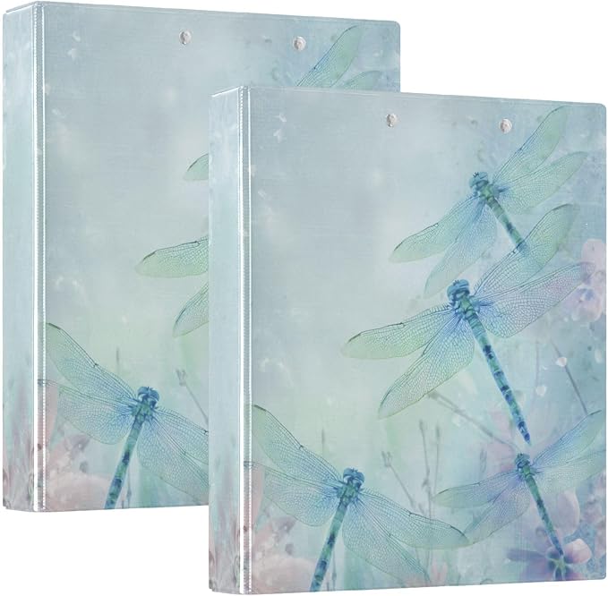Blue and Teal Dragonfly Floral Binder 3 Ring 1.5 Inch Binder with Clipboard&Pockets, Hardcover Binders Heavy Duty Large File Folder for Office School Supplies - Holds 200 Sheets, 2 PC