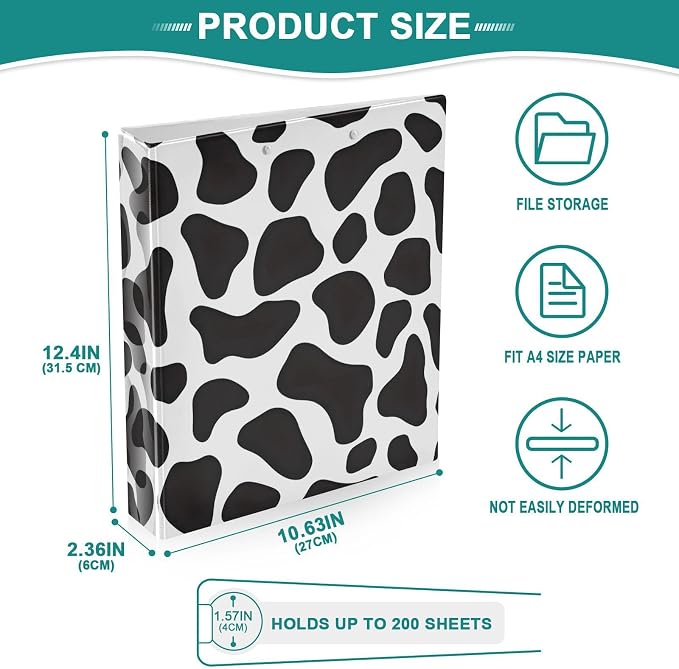 ALAZA 3 Ring Binder Black and White Cow Doodle Print Clipboard Round Ring Binder Holds 1.5 Inch Three Rings Binder Heavy Duty Binders for School Office Supplies, 1Pack
