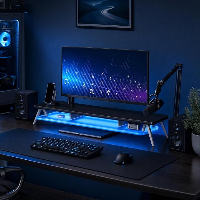 Fenge Dual Monitor Stand Riser with Phone & Tablet Slot, Black | Thickened Frosted Acrylic Shelf, Aluminum Legs, 2-Tier Storage, 42.5-Inch Desk Shelf for Gaming, Home Office & Streaming
