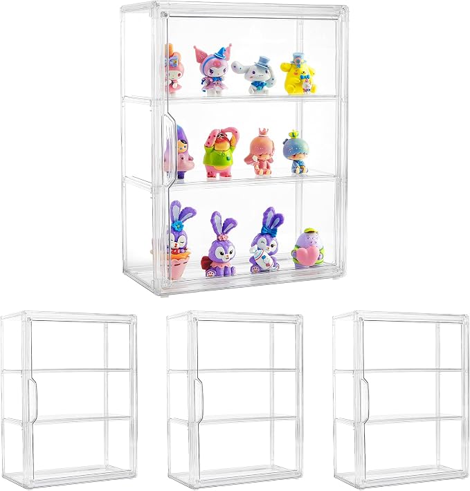 LXLXXL Acrylic Display Case 3 Tier Wall-Mounted for Collectibles,4 Pack | Dual-Use Tabletop＆Wall Mount with Adhesive Buckles, Magnetic Door, 3 Removable Partitions,Tool-Free Assembly for Collectibles