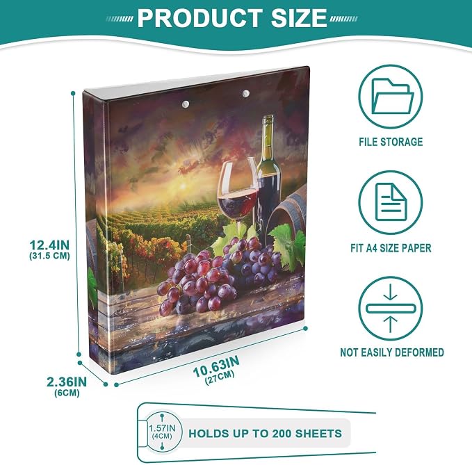 3 Ring Binder Wine Grass Grapes Wine Barrel 1.5" Round Ring Binders View Binder with 200 Sheet for Women Men Office Kids School Supplies, 1 Pack