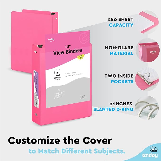 Enday 1.5 Inch Binder (12 Pack - Pink) 3 Ring Binder 1.5 inch with Clear View Cover and 2 Inside Pocket - for Letter Size 8.5 x 11'' Paper, Ideal for School Supplies, Office, and Home