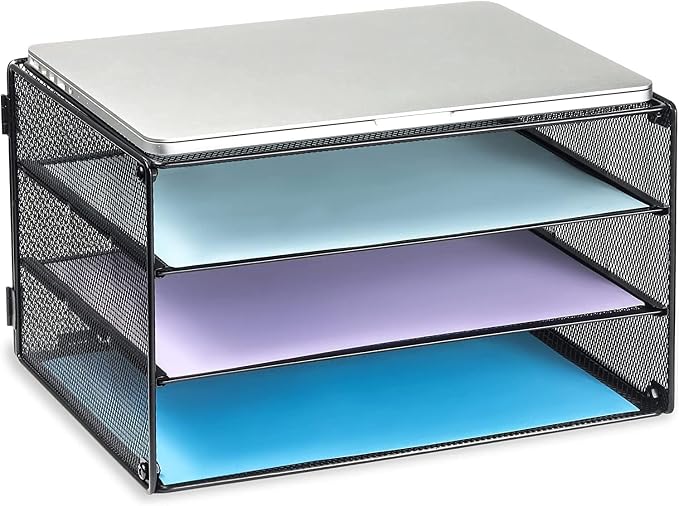 DALTACK 3 Tier Letter Tray Paper Organizer with Sliding Mesh Trays Black | Metal Mesh File Organizer with Sliding Trays for Letter and A4 Paper, Mail, Bills, Folders and Office Documents