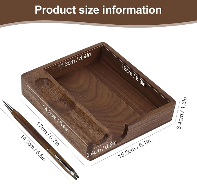 MultiBey 4x6 In Walnut Wood Sticky Note Holder with Pen Slot and Wood Pen | 4x6 Self-Stick Note Dispenser with Pen Slot, Natural Wood Memo Pad Holder Organizer Desk Accessories for Office School Home