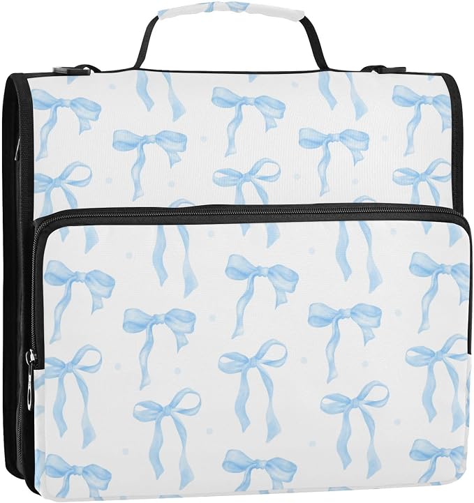 Coquette Ribbon Watercolor Blue Zipper Binder with Shoulder Strap Bag 3 Ring Binder Organizer Large Capacity Multiple Compartments for School Office