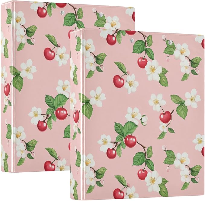 Flower Cherry Fruit Printed 3-Ring Binder for School Office, 1.5 Inch Round Ring Binder for Home Recipe Budget Aesthetic Binder with Pocket Metal Non-Slip Clip Holds 200 Sheets of Paper