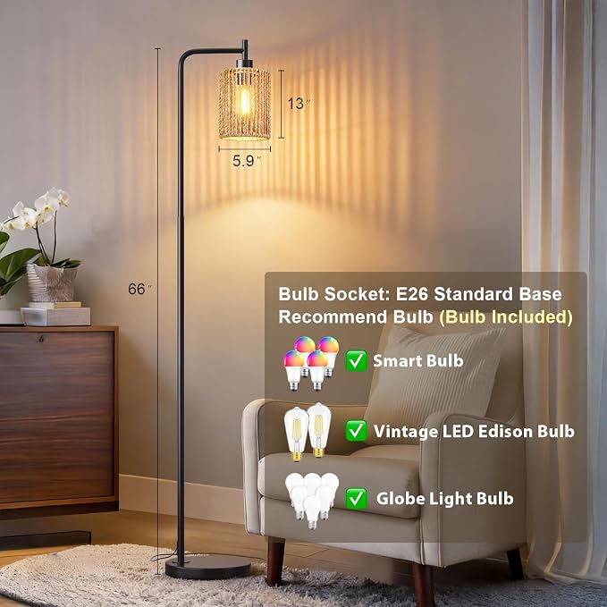 66" Black Floor Lamp for Living Room, Boho Floor Lamp with LED Bulb, Rattan Shade, Foot Switch, Industrial Tall Standing Lamp for Bedroom, Dining Room, Study Room, Office