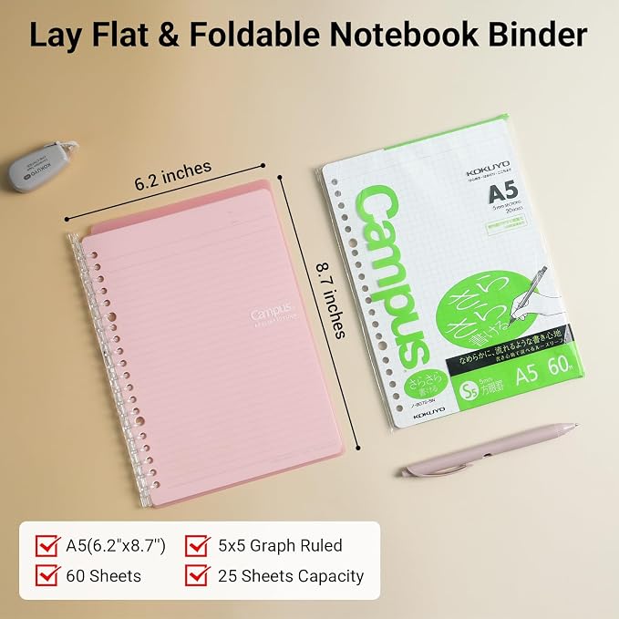 Kokuyo Campus Smart Ring Binders 3 Pack, A5 Binder Notebooks + 60 Sheets Graph Filler Paper, 25 Sheet Capacity, 20 Ring, Slim Binder Folder for Meeting and Classes, Light Color