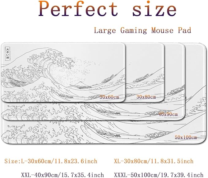 Large Gaming Mouse Pad with Stitched Edges,Non-Slip Base Desk Pad,White Wave of Japanese Kanagawa Mouse Pad,XXL 15.7x35.4 inch Extended Keyboard Pad Long Desk Pad for Office and Game