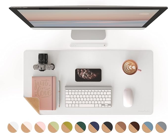 RENMTURE Dual-Sided Mouse Pad, Natural Cork & PU Leather Large Desk Pad for Office and Home Work, Desk Protector Non-Slip, Waterproof, Easy Clean (White, 32"x16")