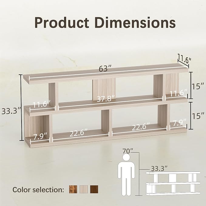 TIQLAB 63" Book Shelf Horizontal,3 Shelf Bookcase Open Storage,Light Walnut | low bookcase horizontal bookshelf, for bedroom office or living room, long console table behind couch, display rack