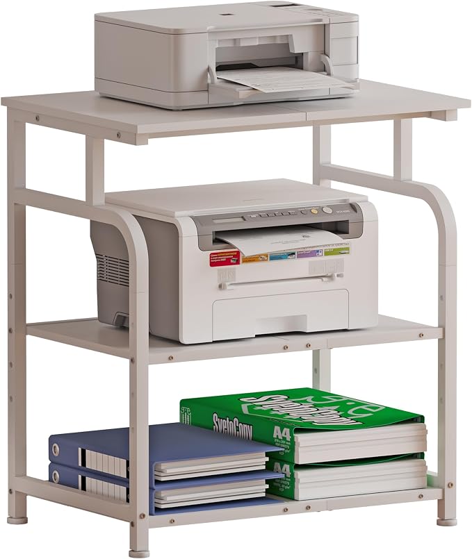 Unionly Large Rolling Printer Stand with Height Adjustable Shelf and Wheels | 3-Tier Rolling Printer Cart with Wheels, Heavy-Duty Wood Printer Table with strudy steel frame for Home Office,White