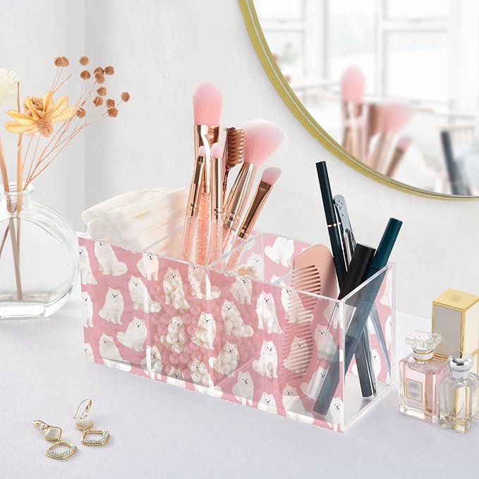 Cute Samoyed Dog 4 Compartment Acrylic Pencil Holder, Printed Pencil Holder Makeup Brush Holder Acrylic Desktop Accessories for Pencil Cutlery Toiletries Storage