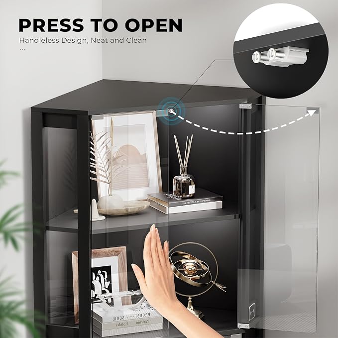 BROTTAR Lighted Corner Display Cabinet with Glass Doors for Collectibles | 65" Curio Cabinet with 3 Color LED Lights, 4-Tier Showcase Display Case with Human Body Sensor for Trophies, Books, Black