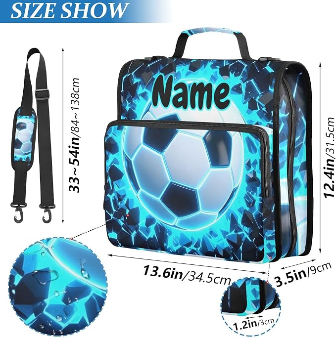 Custom 3D Soccer Football Blue 3 Ring Binder Bag 1.5 inch Personalized Name Binder Organizer 500 Sheet Documents Storage for School Office