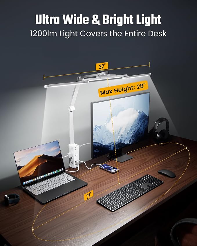 SUPERDANNY LED Desk Lamp Computer Light with Power Strip with Clamp White | 6 Outlets & 1 USB-A, 1 PD 20W Type-C, 13A/1625W, 5 Modes Smooth Dimming, Memory Function, Architect Lampfor Home Office Dorm