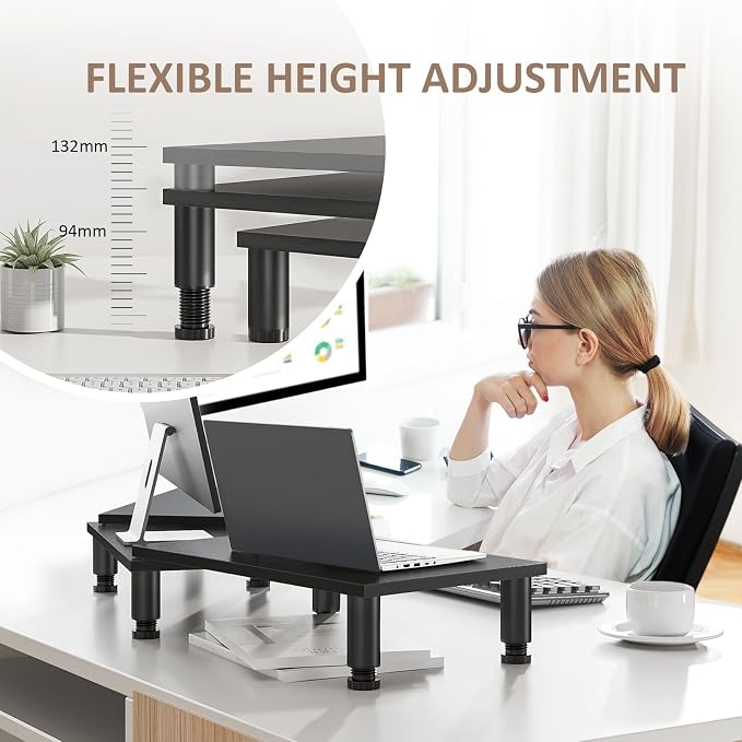 Dual Monitor Stand Riser, Monitor Stand with Adjustable Height Steel leg, Wood Monitor Stand for Desk, Monitor Riser for 2 Monitors with Storage Space Black