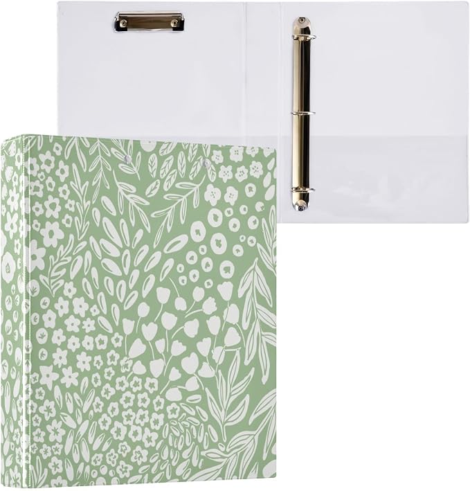 Sage Green Floral and Leafs Binder 3 Ring 1.5 Inch Binder with Clipboard&Pockets, Hardcover Binders Heavy Duty Large File Folder for Office School Supplies - Holds 200 Sheets