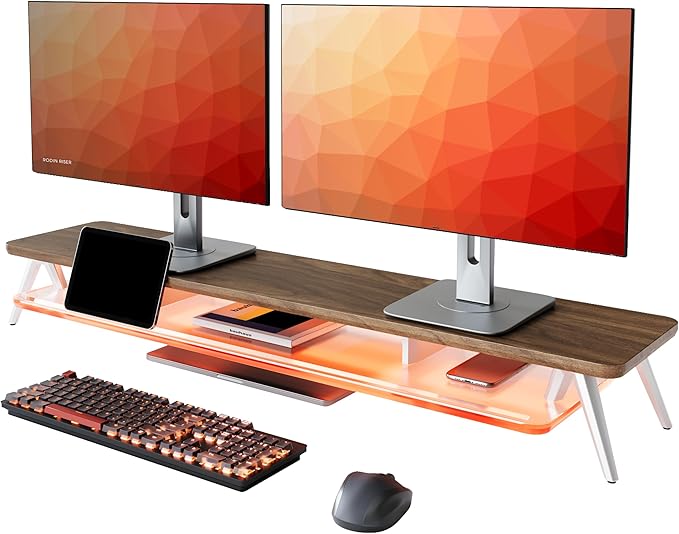 Fenge Dual Monitor Stand Riser with Phone & Tablet Slot, Brown | Thickened Frosted Acrylic Shelf, Aluminum Legs, 2-Tier Storage, 42.5-Inch Desk Shelf for Gaming, Home Office & Streaming