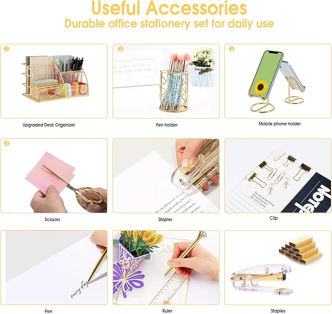 KAAKOW Gold Desk Organizers and Accessories Office Supplies Set Stapler, Pen Holder, Phone Holder, Scissors, Pen, Ruler, 30 Paper Clips, 22 Binder Clip, 20 Tacks and 1000pcs Staples (Gold)