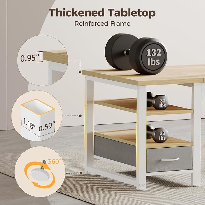 54 in Computer Desk with Drawer, 1" Thick Reversible Office Desk | Large Modern Writing Table with Storage Shelves, Heavy Duty Industrial Executive Desk for Home Bedroom Study Work