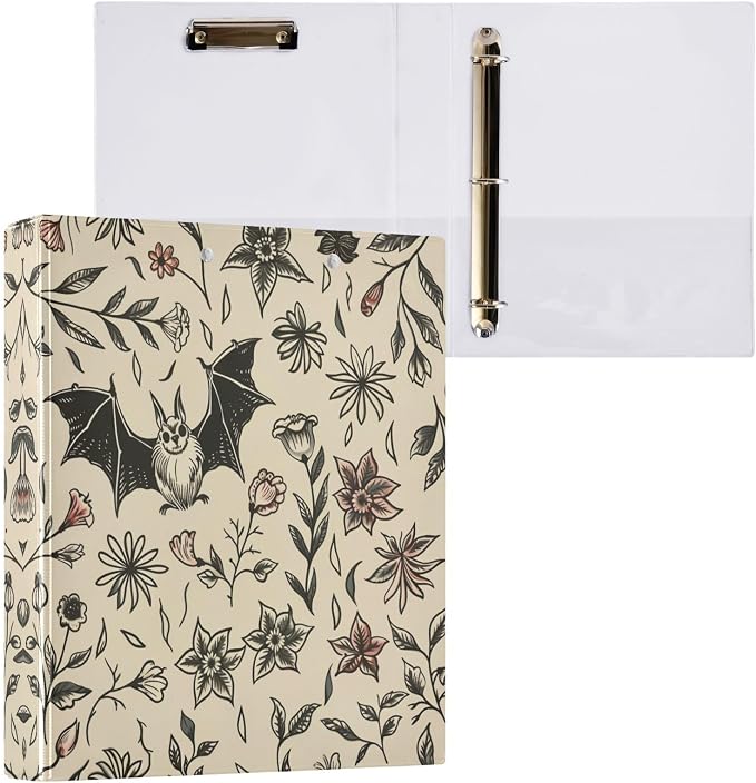 3 Ring Binder Goth Bat Flowers 1.5 Inch Three Ring Binder | Cute Binder with 3 Storage Pockets for Women School Office Supplies