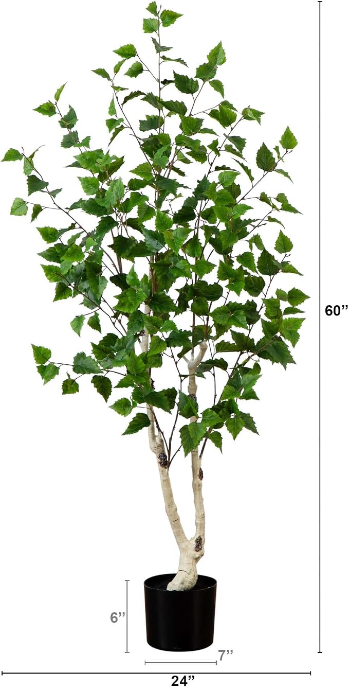 Nearly Natural 5 ft Artificial Birch Tree Real-Touch Leaves Floor Plant | Realistic Light-Hued Bark with Flexible Branches, Sturdy Nursery Planter Included, Maintenance-Free Accent for Home or Office