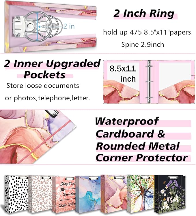 3 Ring Binder 2 Inch, Three Ring Binders Organizer with Clipboard, 5-Tabs Pockets Dividers, Plastic Folder, 18 Divider Stikers, BVSSX Pink Decorative Binder with Pen Loop (Pink Marble, Letter Size)