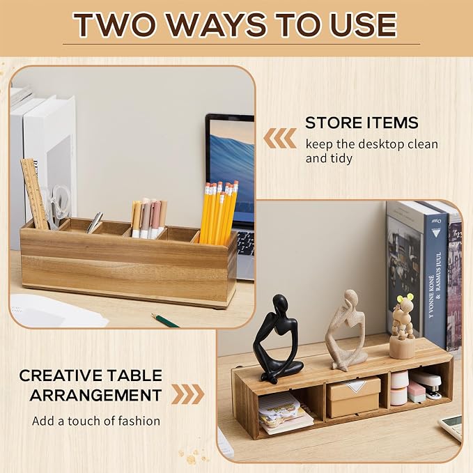 Jetec Wooden Pencil Pen Holder for Desk 6 Compartments Wood Office Desk Organizers for Countertop Adjustable Makeup Brush Organizer Silverware Caddy for Party, Home, Art Supplies (Acacia Wood)