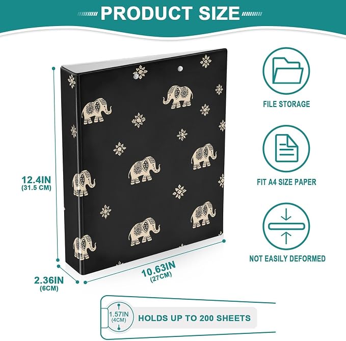 Indian Elephant Black 3 Ring Binder with 2 Interior Pockets 1.5 inch Binders 3 Ring Heavy Duty Fit 8.5" x 11" Letter Size for Office School, 2 Pack