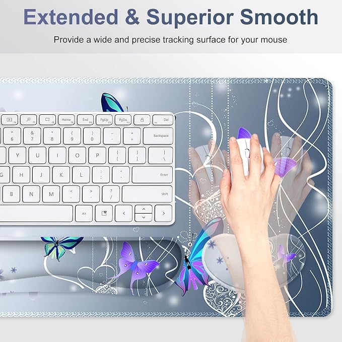 Cute Butterfly Desk Mat, Florals 4 in1 Large Gaming Mouse Pad Set, Ergonomics Keyboard Pad with Memory Foam Wrist Rest, Extended Game Mousepad Non-Slip Desk Protector Matt Easy Typing Pain Relief