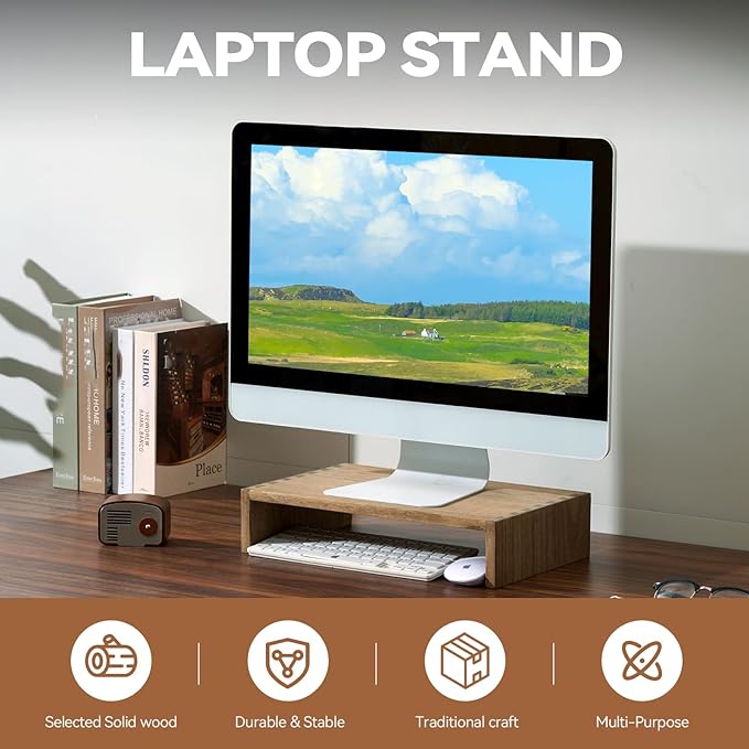KIRIGEN Wood Monitor Stand Riser for Desk, 15.39 Inch, Brown 39-DBR | Solid Wood Desktop Shelf with Storage Space for Home Office Monitor, Printer, Computer Fully Assembled