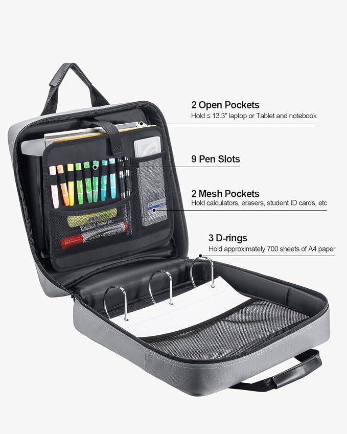 Zipper Binder 3 Inch 3 Ring with Shoulder Strap Multi-Pocket,Tough | Binder Bag with Laptop organizer for School Travel,Fit 13" MacBook & Tablet,700 Sheets Capacity,Water Resistant,Grey