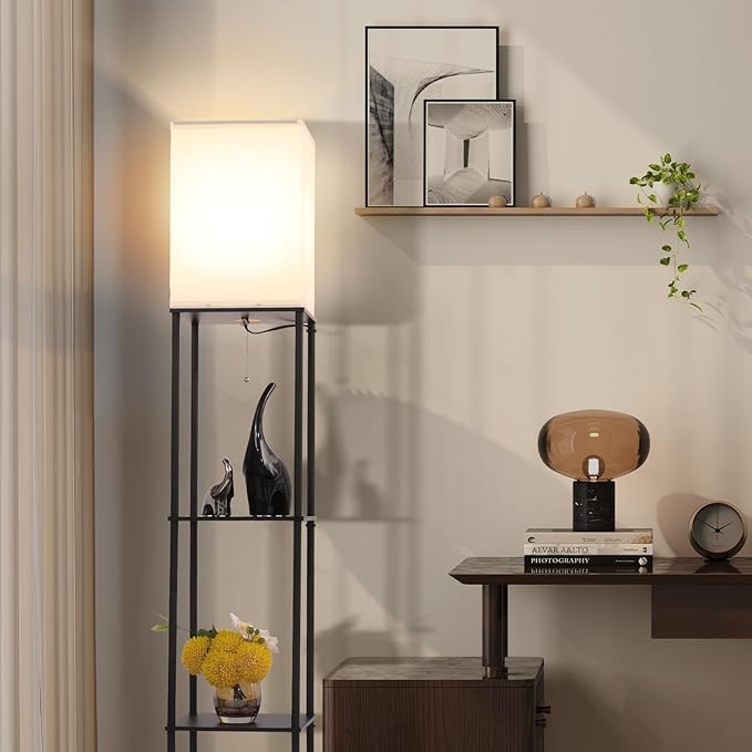 Gupuzm Floor Lamp with Shelves, Modern Square Standing Lamp with 3 Color Temperature Bulb, Corner Display Bookshelf Lamp for Living Room, Bedroom and Office (Black-2 Pack)