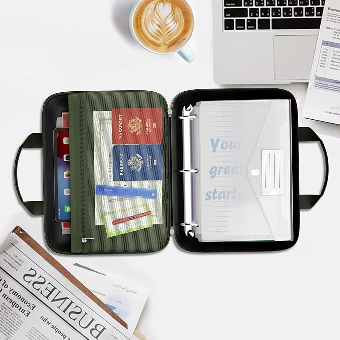 Fireproof Binder Organizer with 20 Pack Binder Pockets & Lock,Green | Important Document Box with Zipper,Water Resistant Hard Case, Portable Home Office Safe Storage Protection for Letter Size